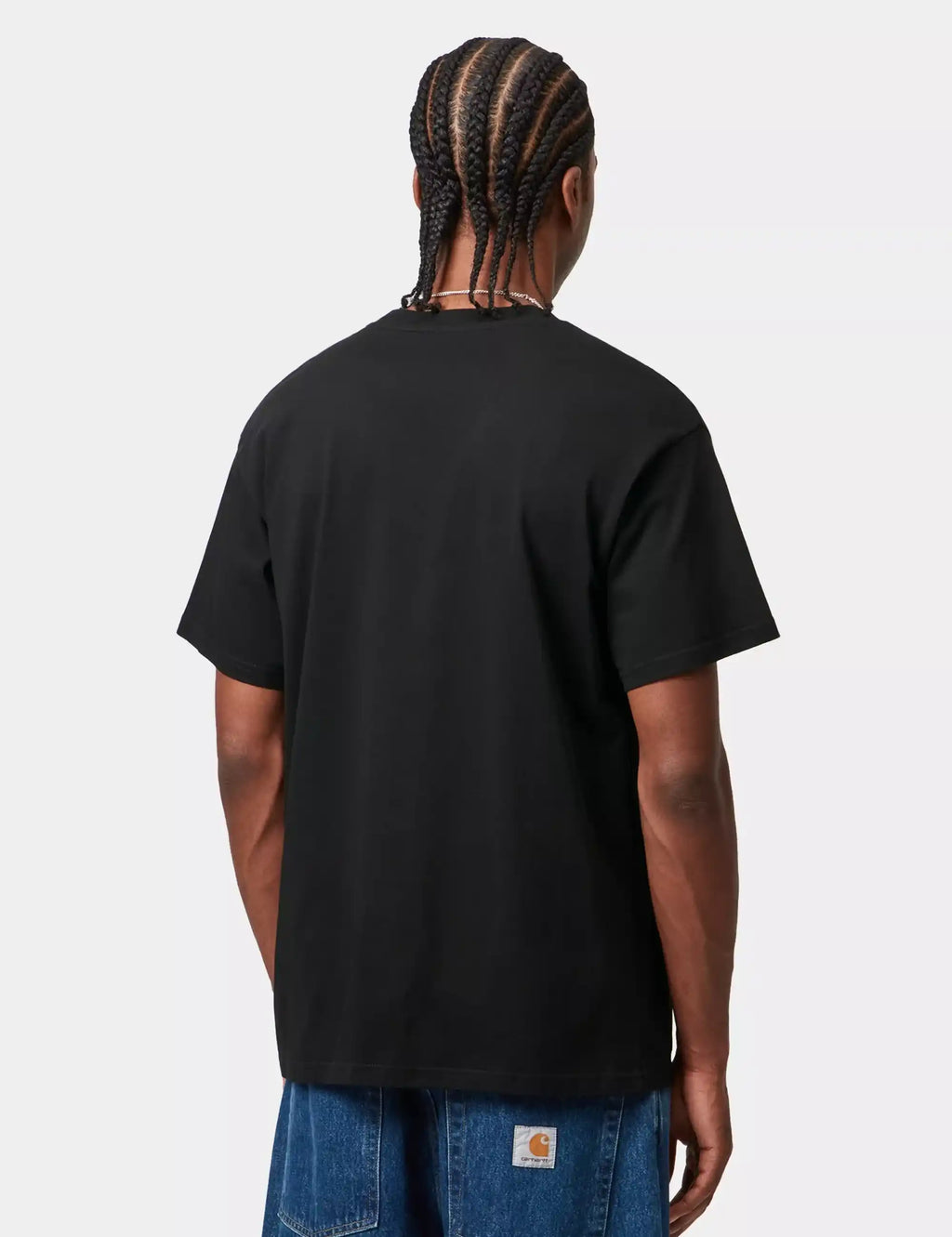 Black crew-neck T-shirt back view, plain with straight hem