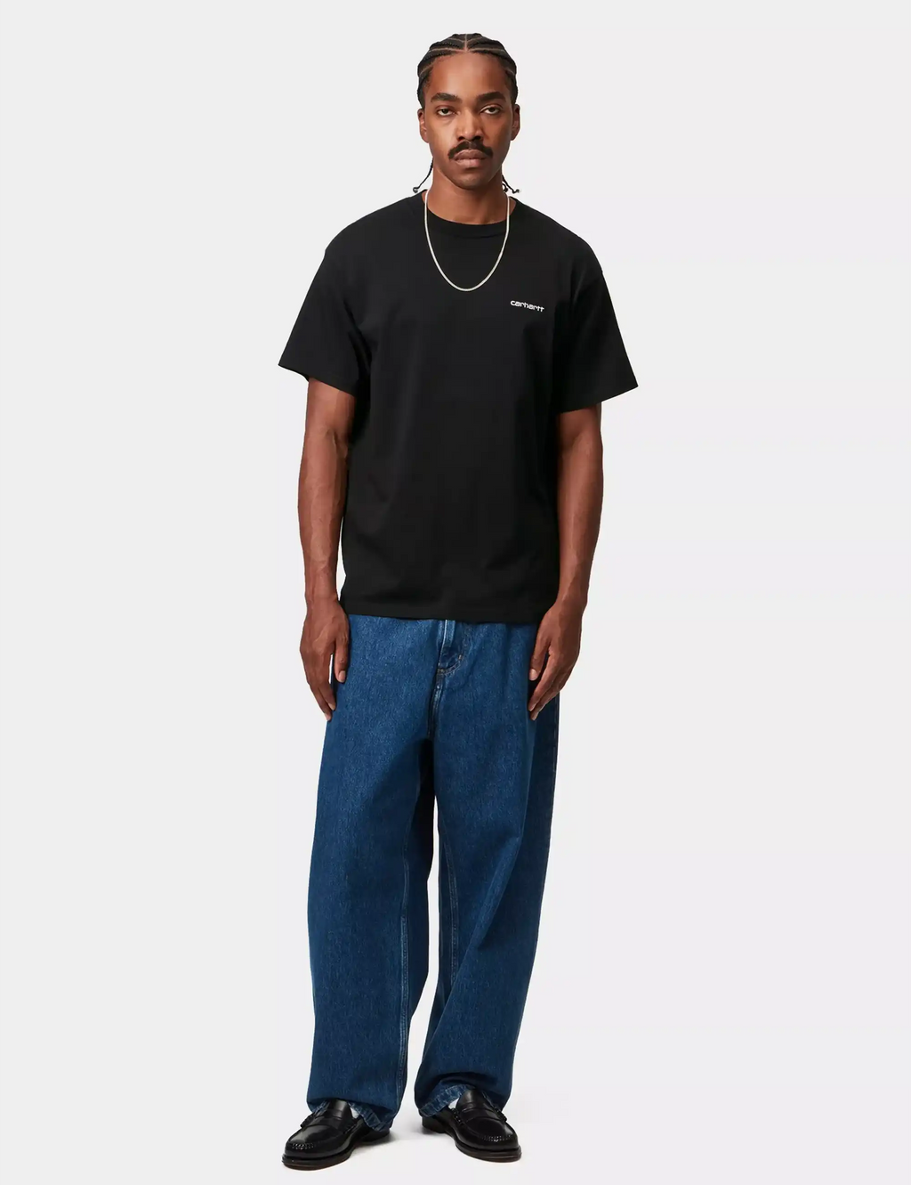 Black crew-neck T-shirt with small chest script embroidery