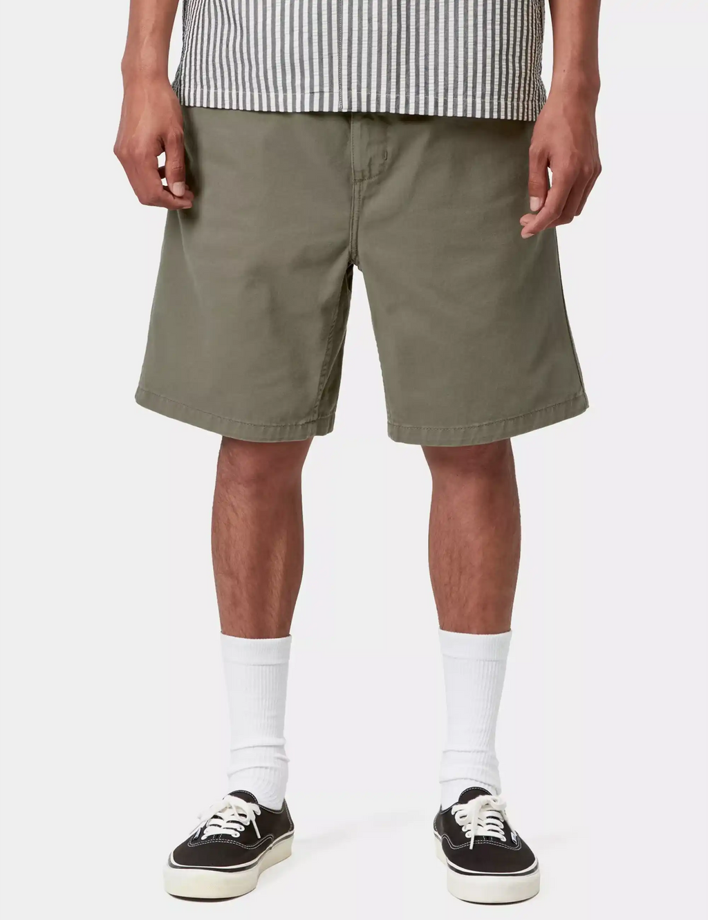 Men's leaf green shorts with side pockets and straight knee-length hem