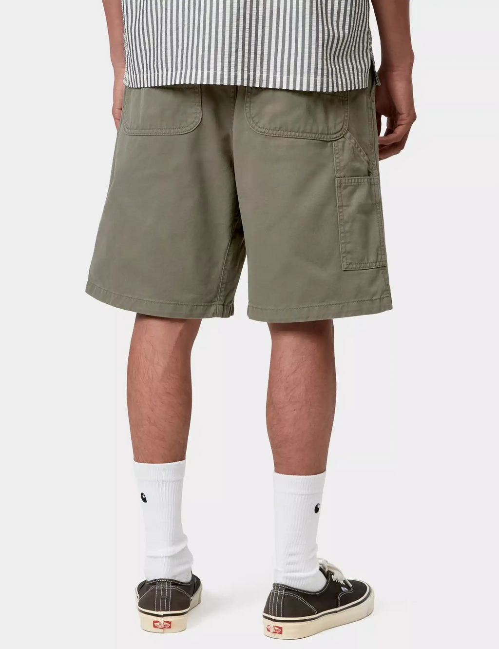 Men's leaf green shorts with flap cargo pockets and stitched leg seams