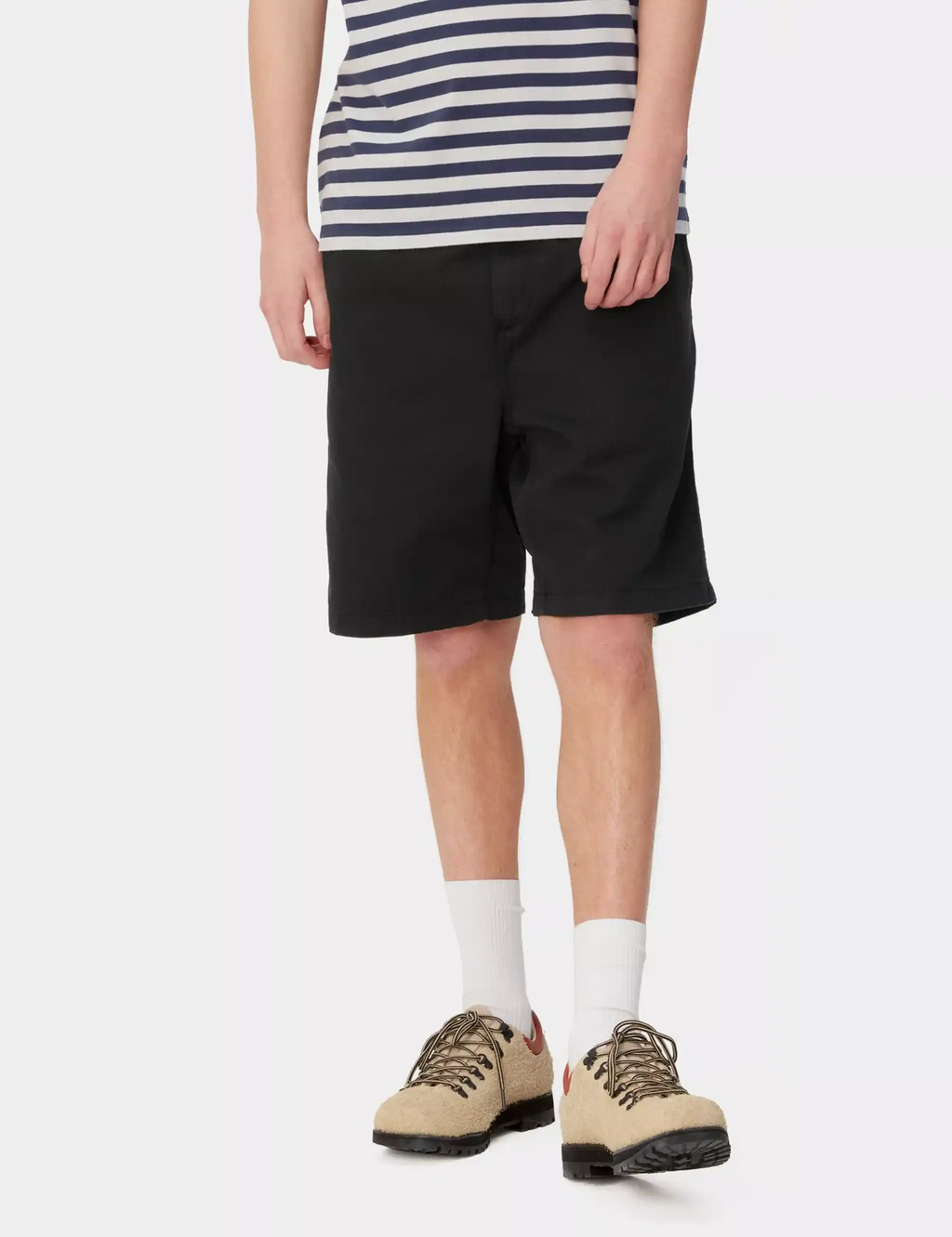 Black shorts, knee length, front side pockets and straight hem
