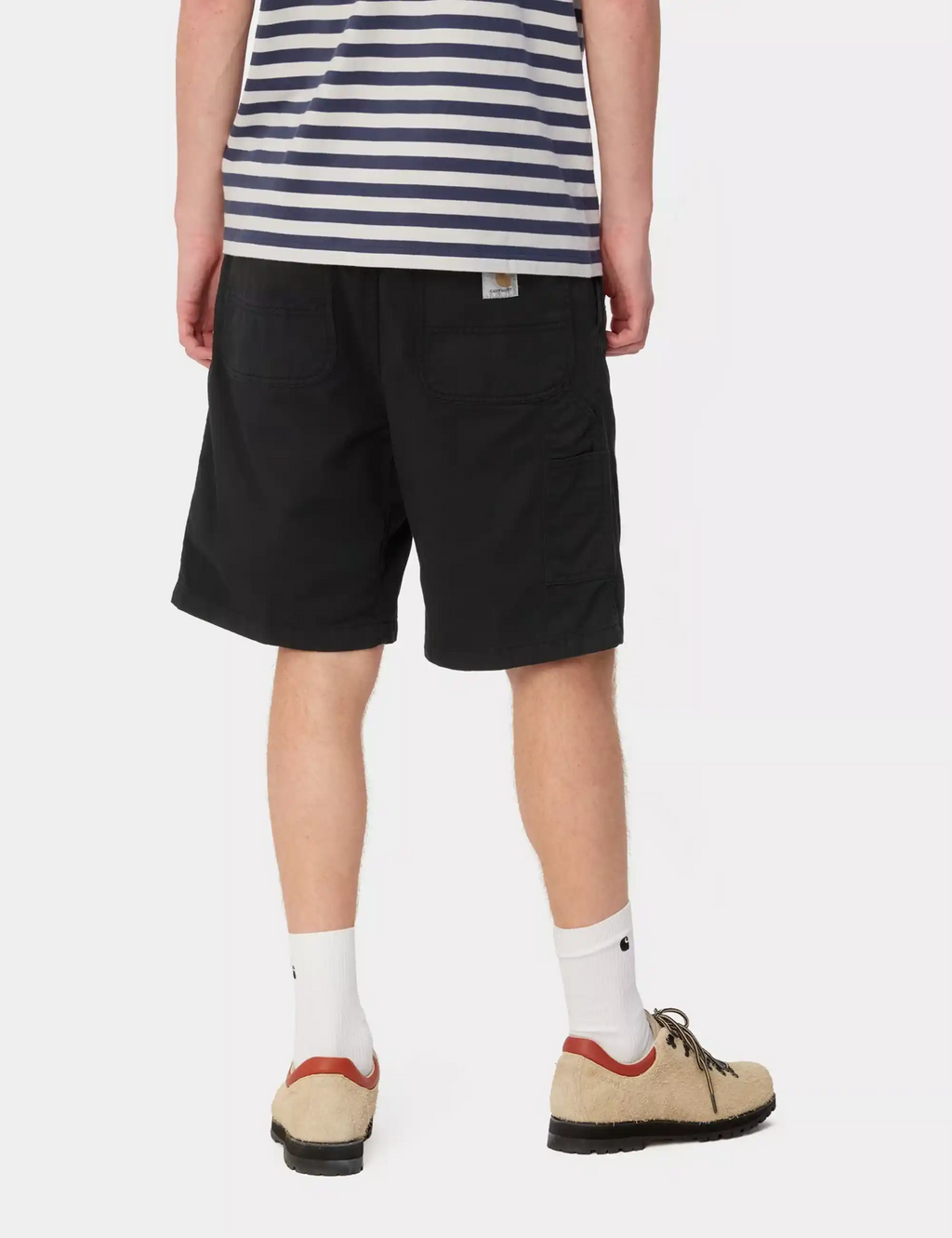 Black shorts with cargo-style side pockets and straight leg hem