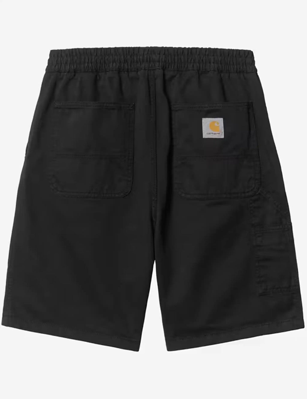 Black shorts close-up: elastic waistband, side pockets, small logo patch