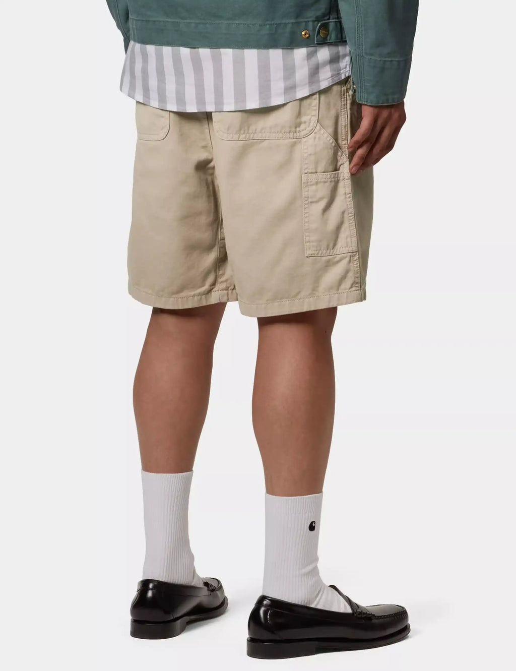 Flint beige knee-length shorts with button fly, patch pocket, and belt loops