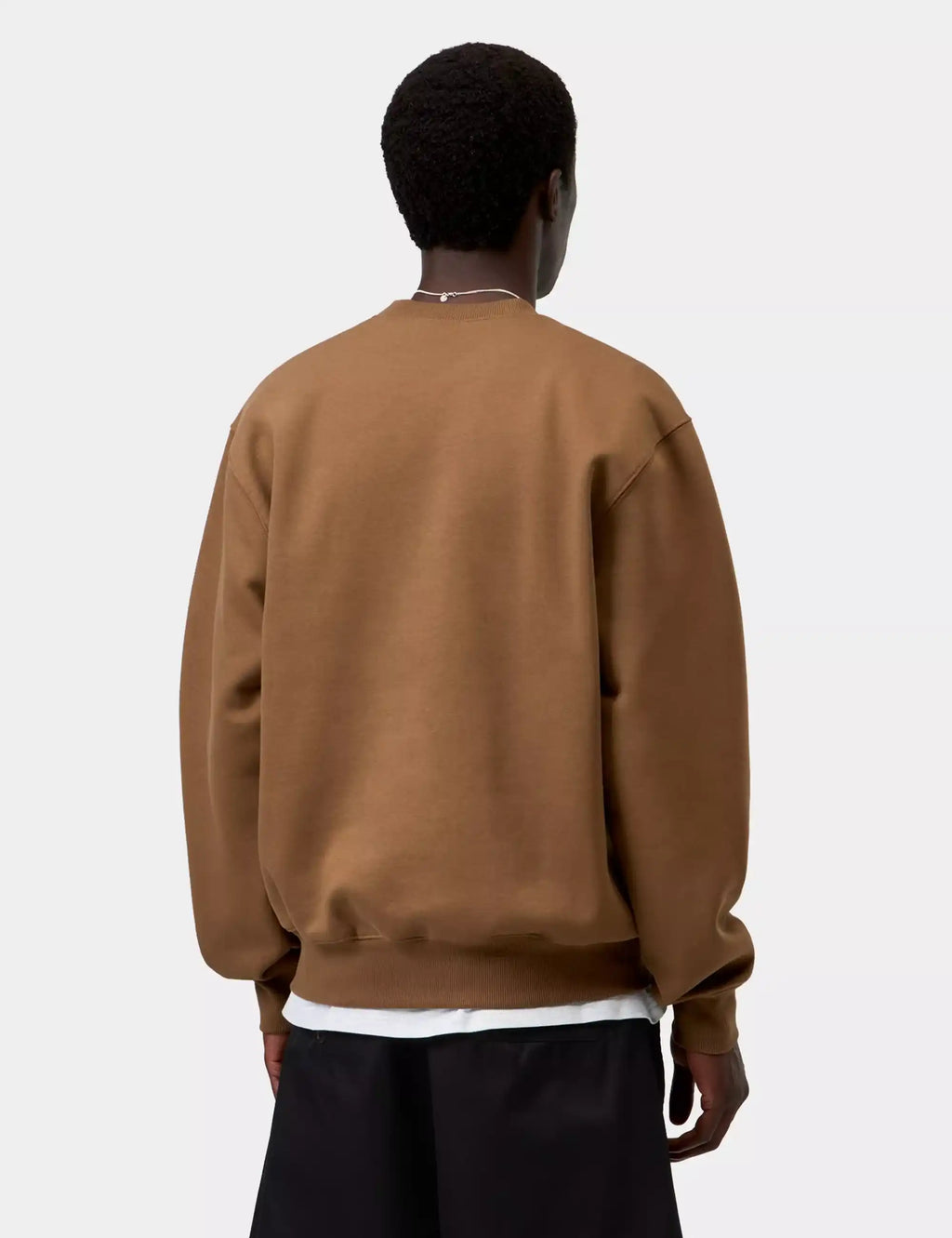 Carhartt crew sweatshirt in brown, back view, ribbed crew neck and cuffs