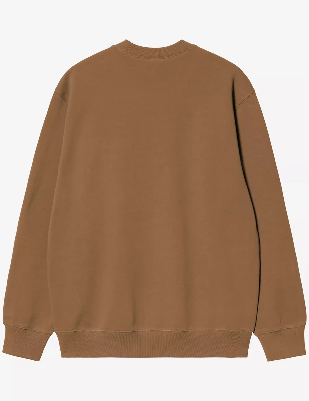 Carhartt crew sweatshirt in brown, back view, ribbed cuffs and hem
