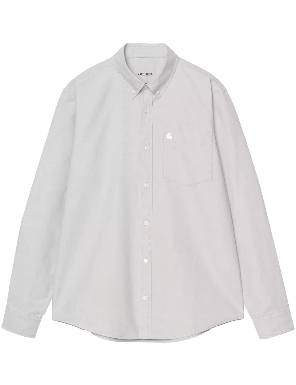 Carhartt WIP light gray button-up shirt with logo, pointed collar, chest pocket
