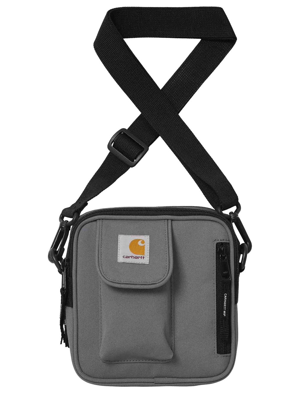 Small crossbody bag with front pocket flap and branded patch, dark