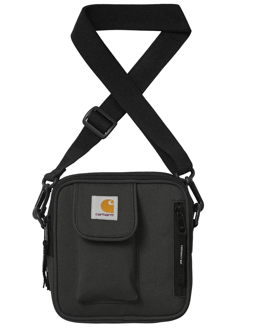 Essentials small crossbody bag in dark fabric, front pocket and adjustable shoulder strap