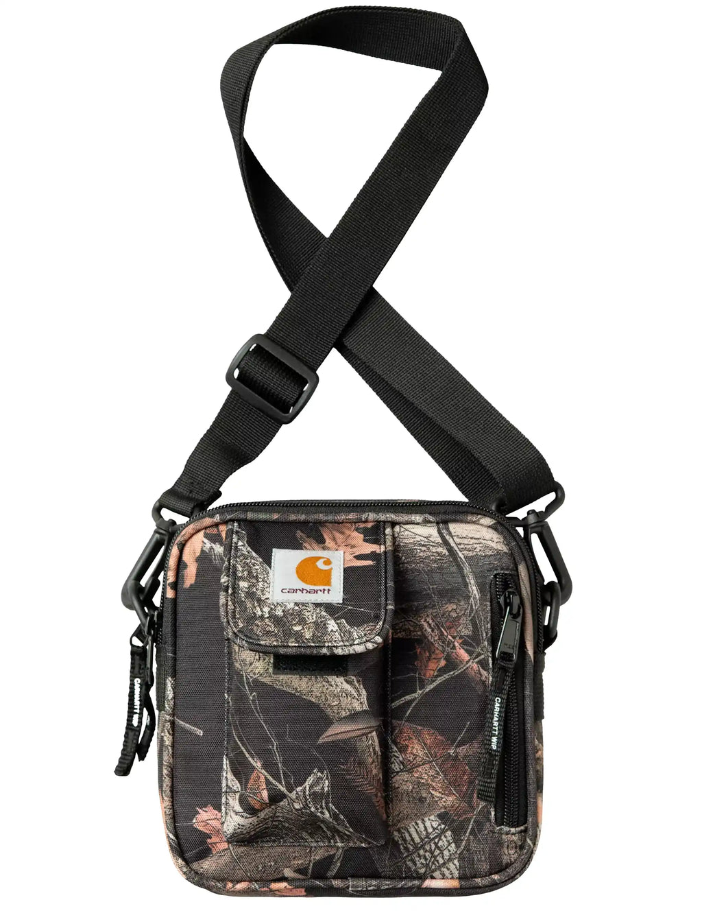 Small camo crossbody bag with adjustable strap and zipper front, black trim