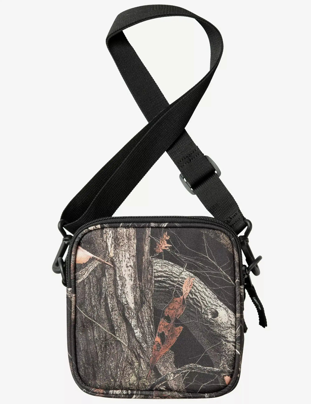 Small camo crossbody bag with wide crossbody strap and zip front