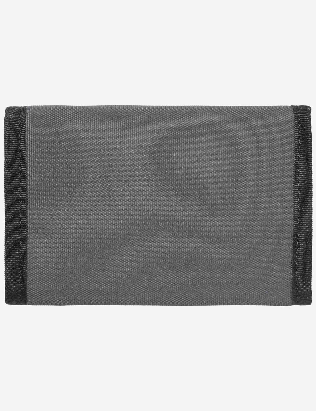 Compact wallet dark gray fabric with black border, no branding visible