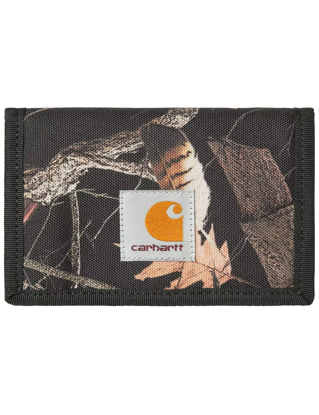Carhartt camo fabric wallet with black feather tree pattern and carhartt logo patch