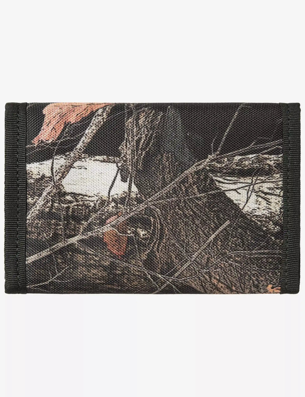 Black camo fabric wallet with feather tree print and stitched edge trim