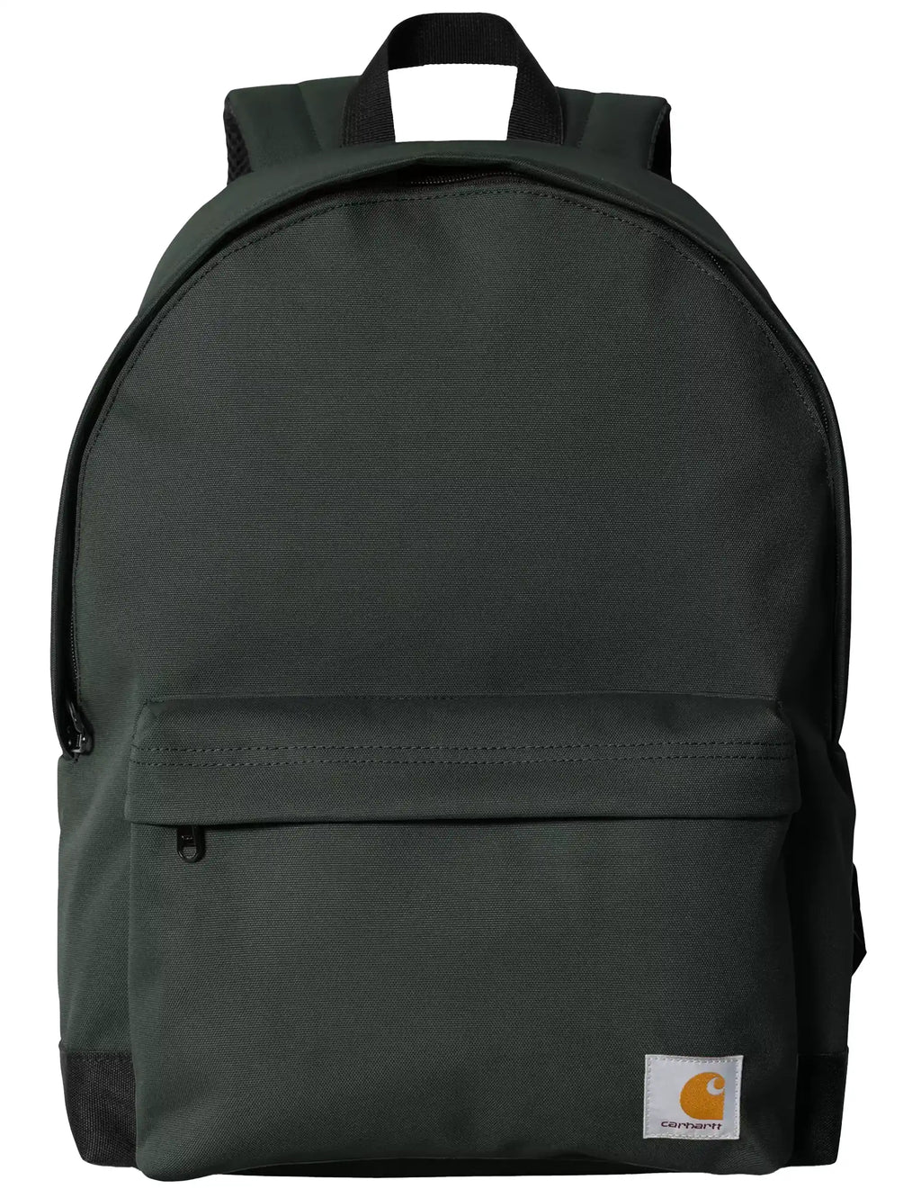Dark green backpack with top handle and front zip pocket, small logo patch