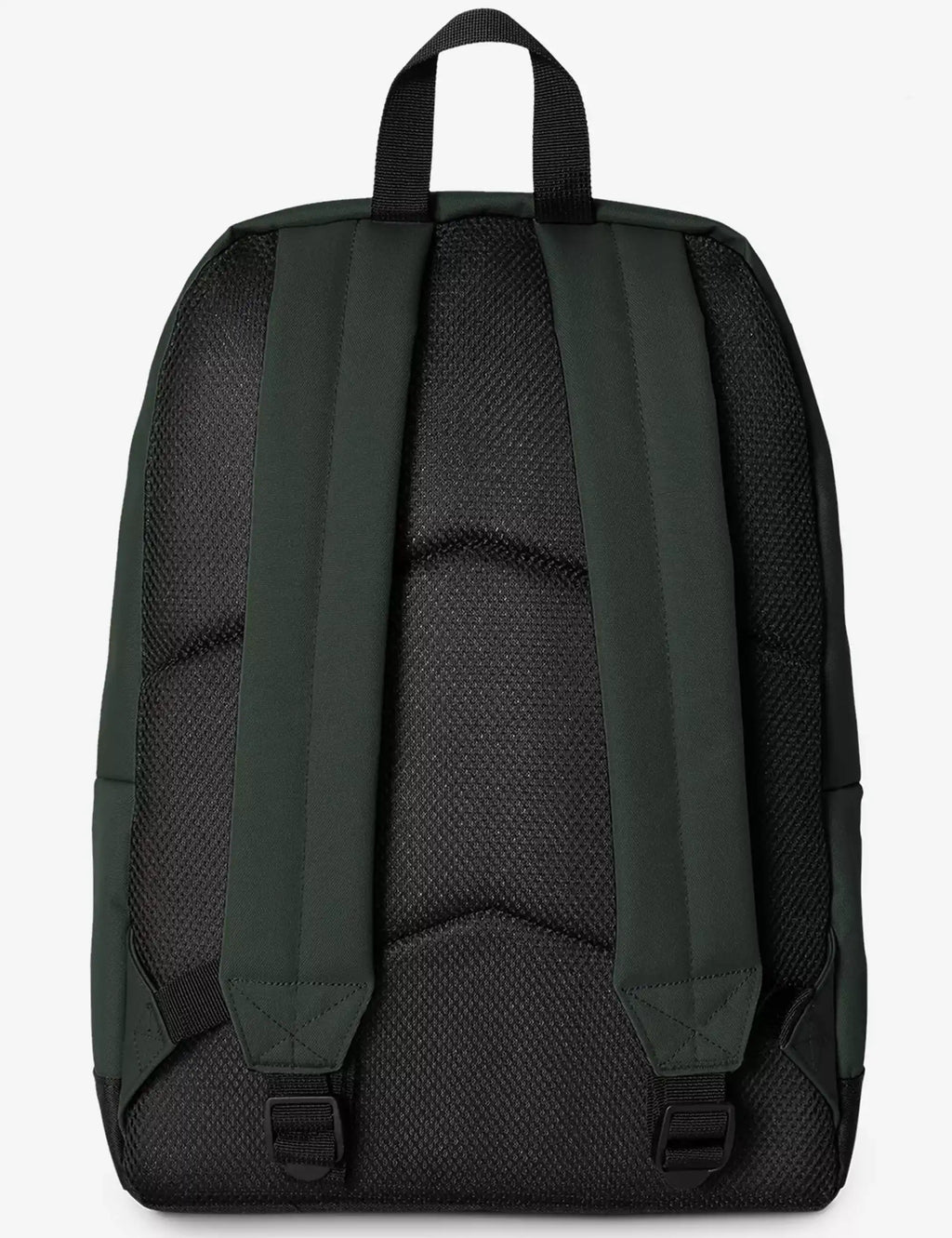 Dark green backpack with padded shoulder straps, top handle, and textured back panel