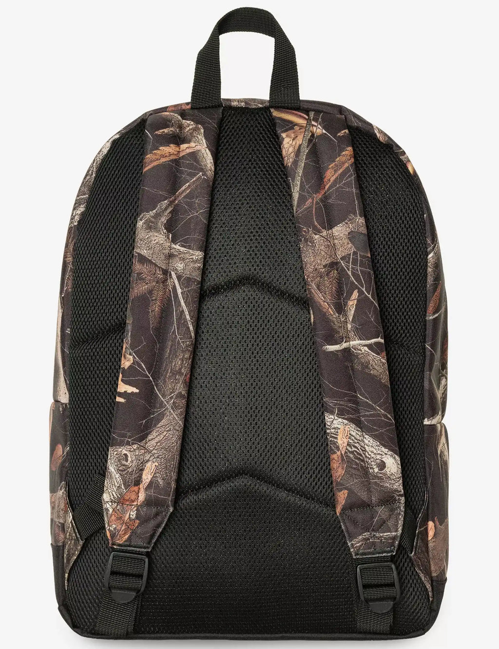 Camouflage backpack with black mesh back panel and padded shoulder straps