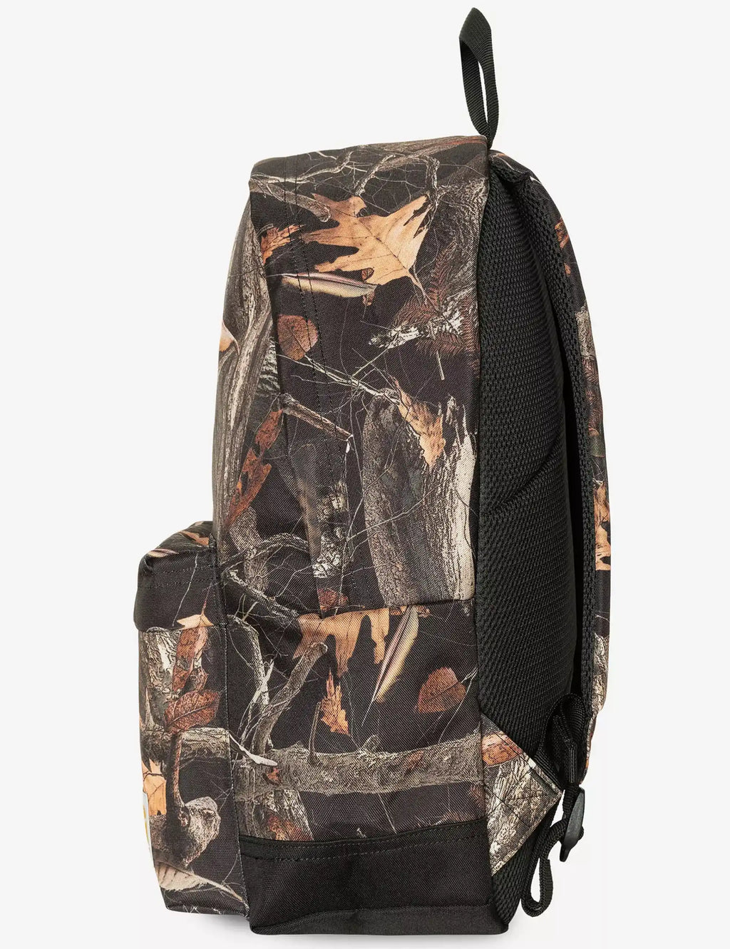 Camouflage backpack with front and side panel, black textured backing and carry loop