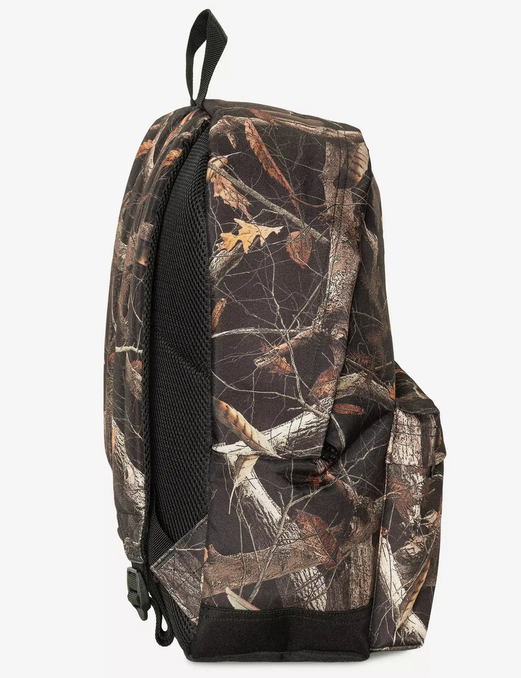 Camouflage backpack with black side panels and straps, side view with front zipper