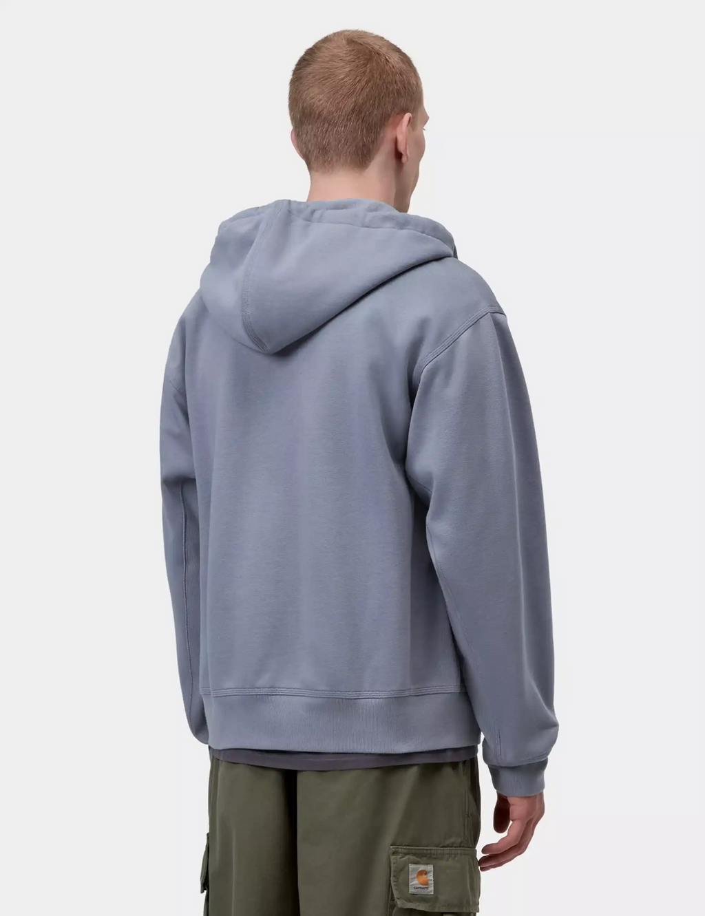 Slate blue zip-up hooded jacket, back view, ribbed cuffs and hem, kangaroo pocket