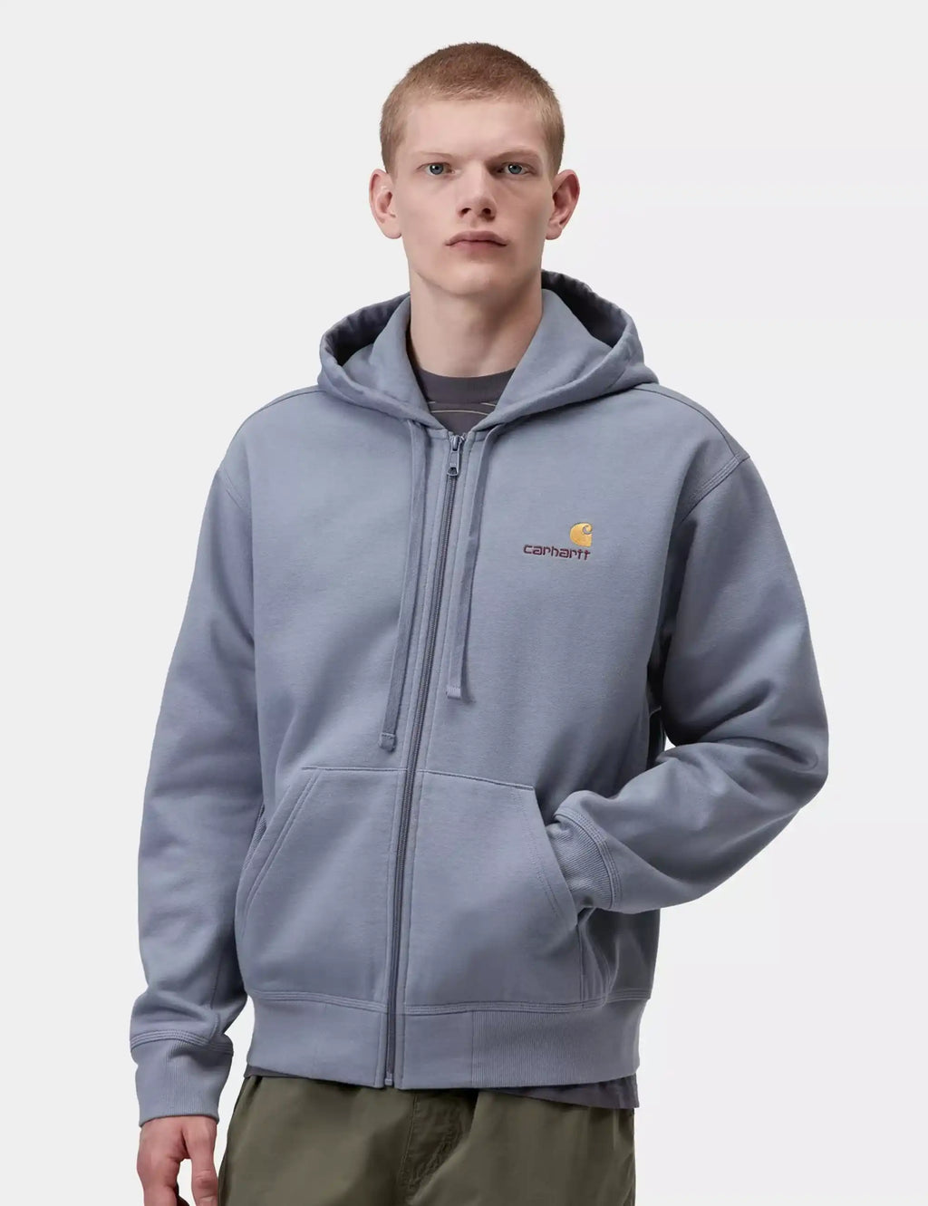 Slate blue zip-up hoodie with drawstring hood, full front zip, yellow chest logo