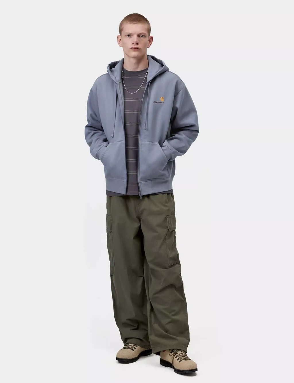 Slate blue zip-up hooded jacket with drawstrings and front pockets