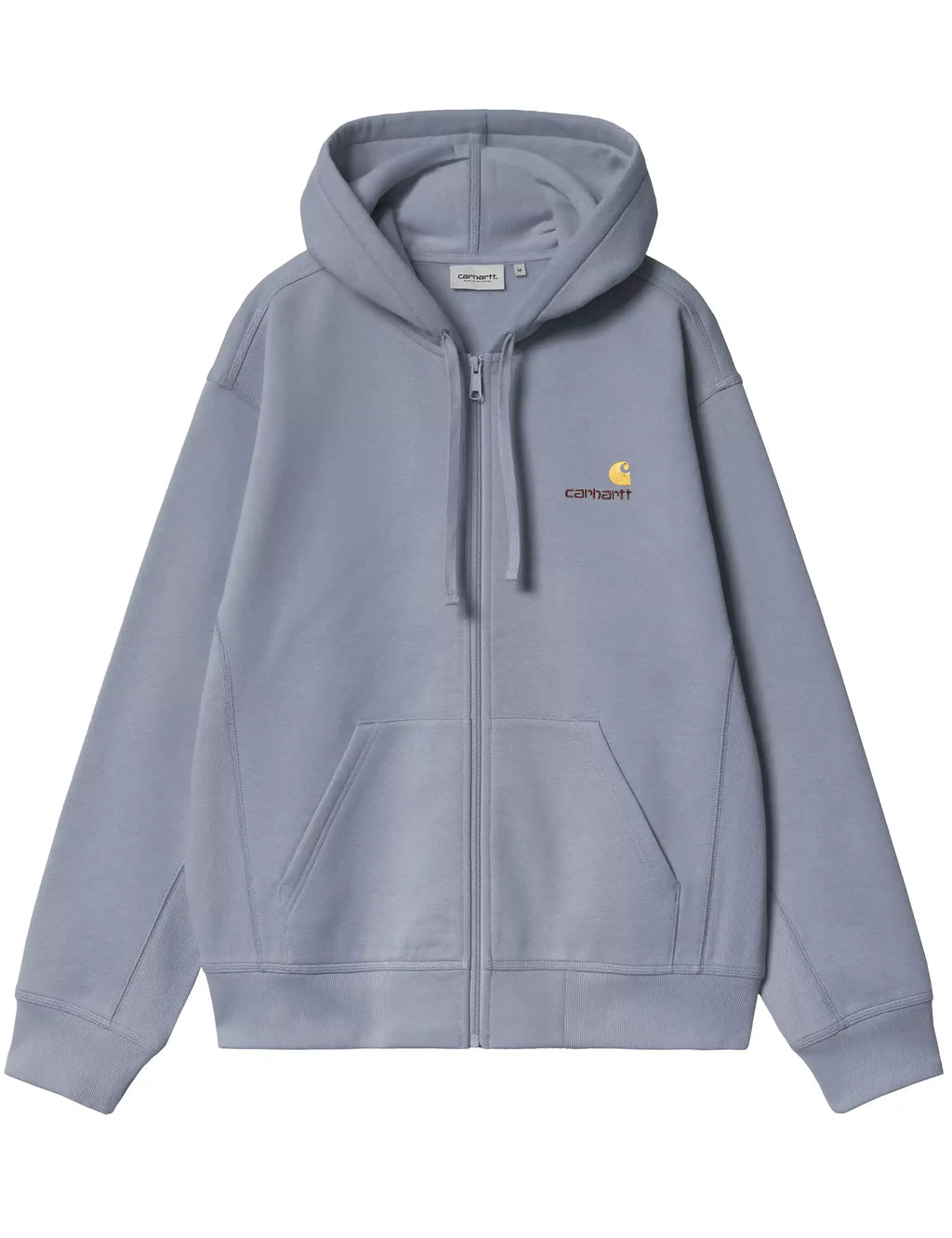 Slate blue zip-up hoodie with drawstring hood, front kangaroo pocket, yellow logo