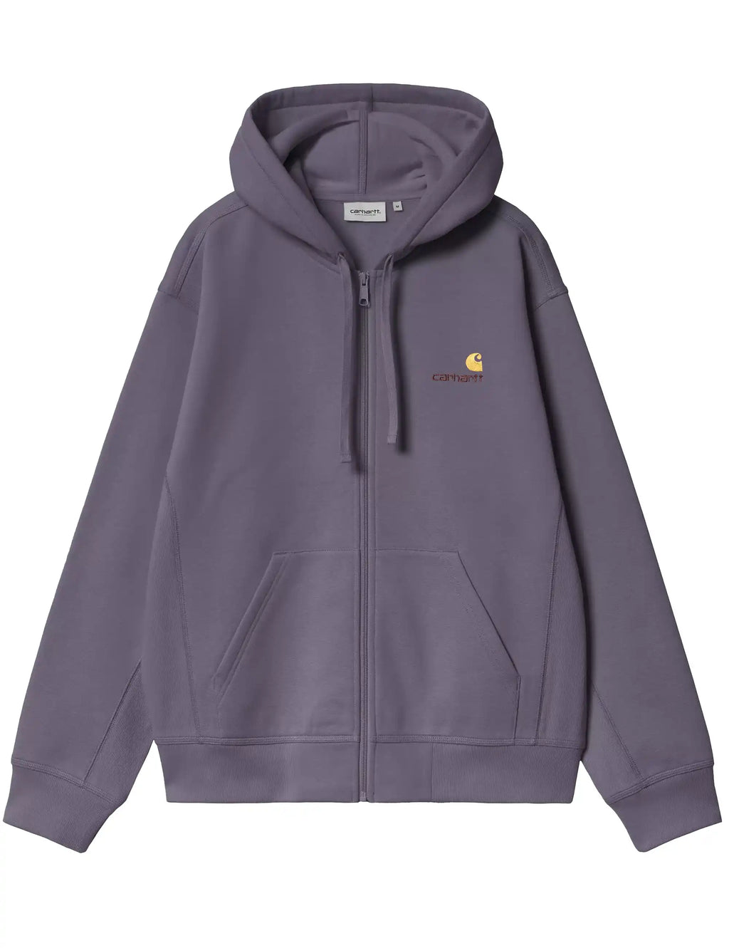 Purple hooded zip jacket with drawstring, front pouch pocket, and chest logo