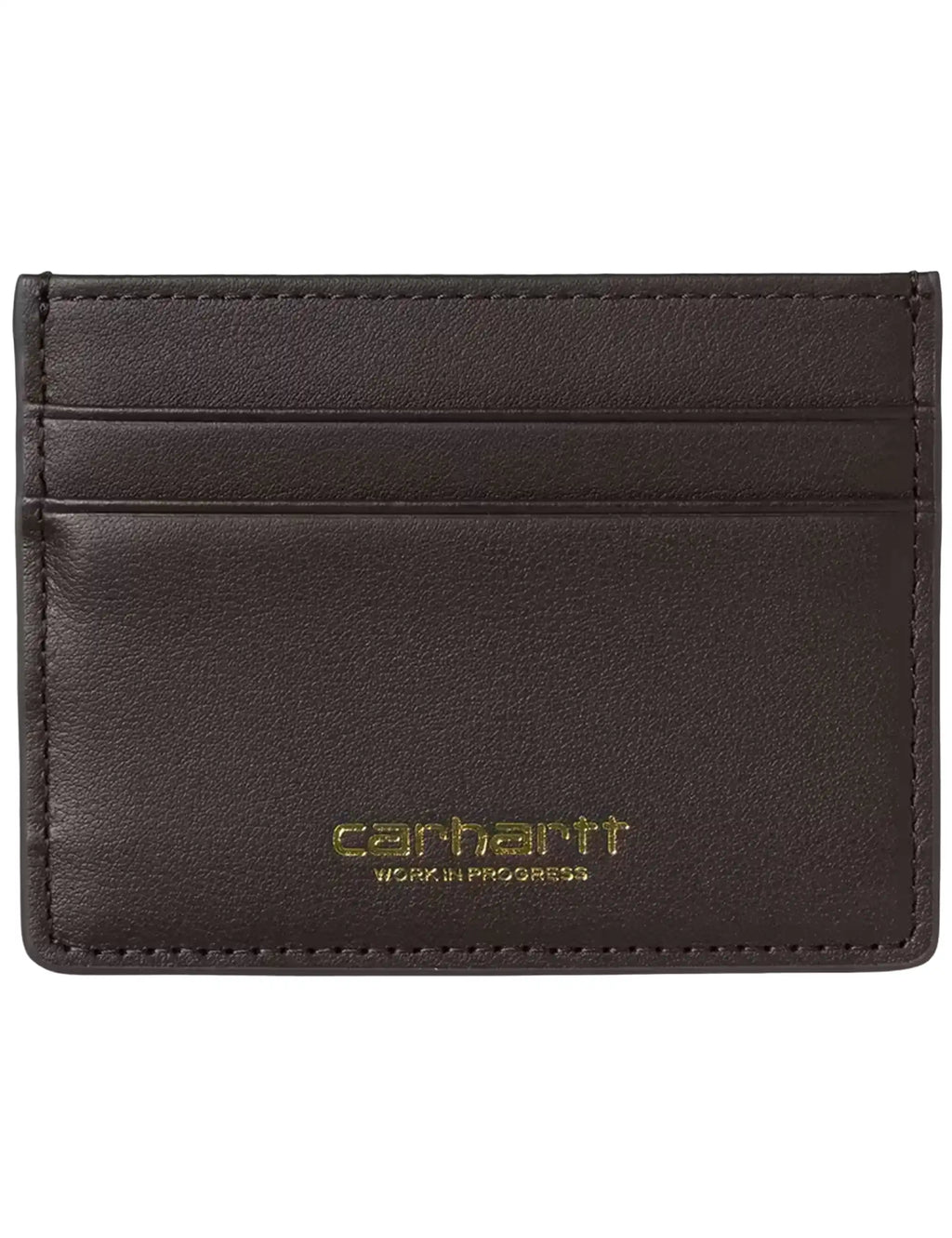 Brown leather cardholder with gold logo and stitched card slots