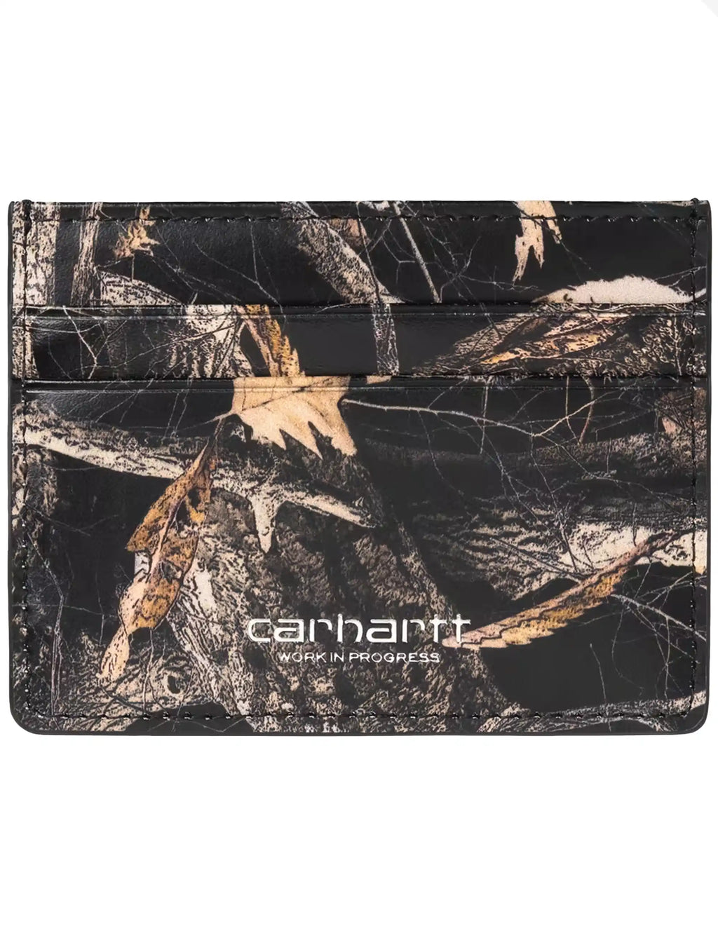 Black and silver camo card holder with Carhartt logo, front panel and stitched edges