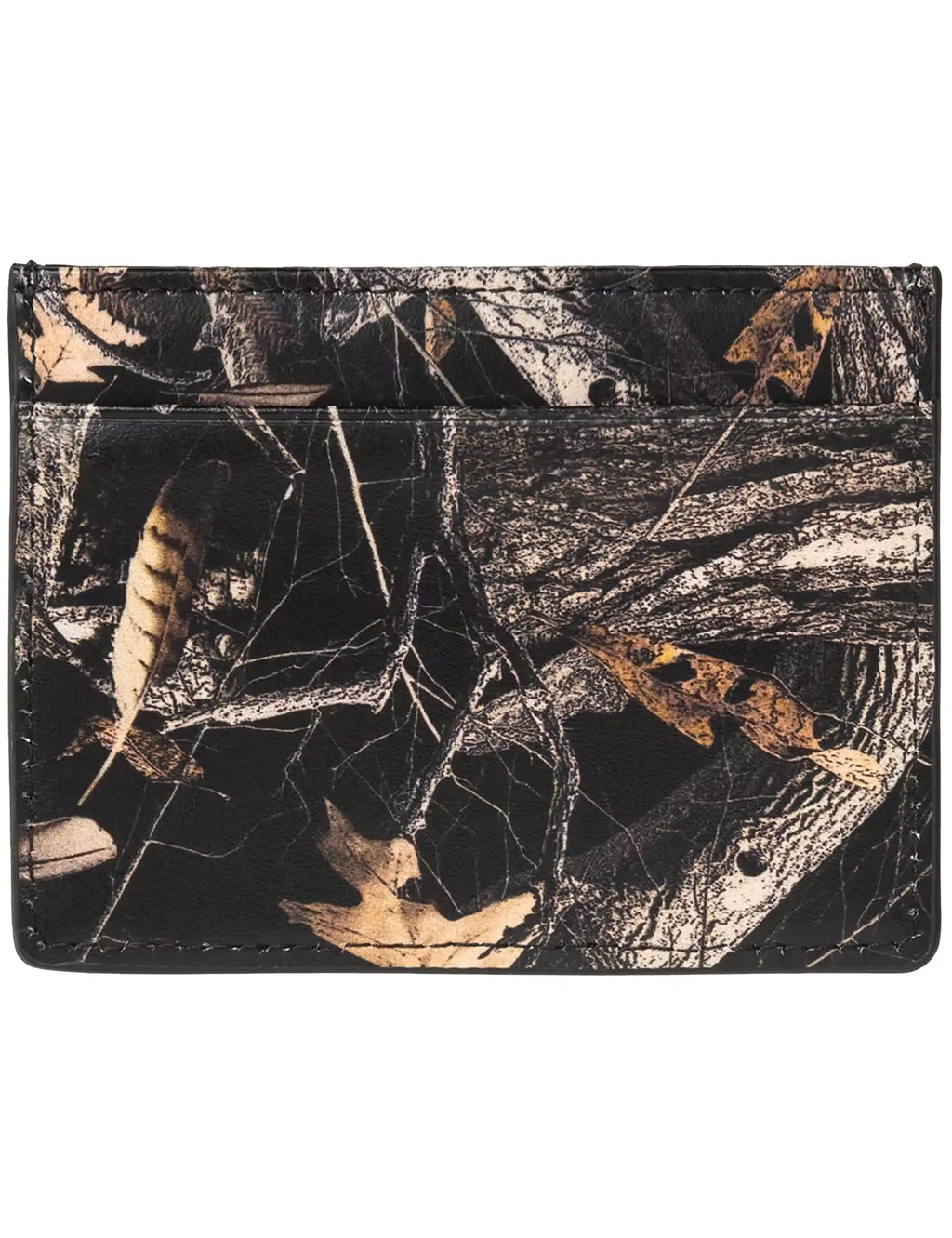 Black and silver camo card holder front view, stitched border and patterned surface