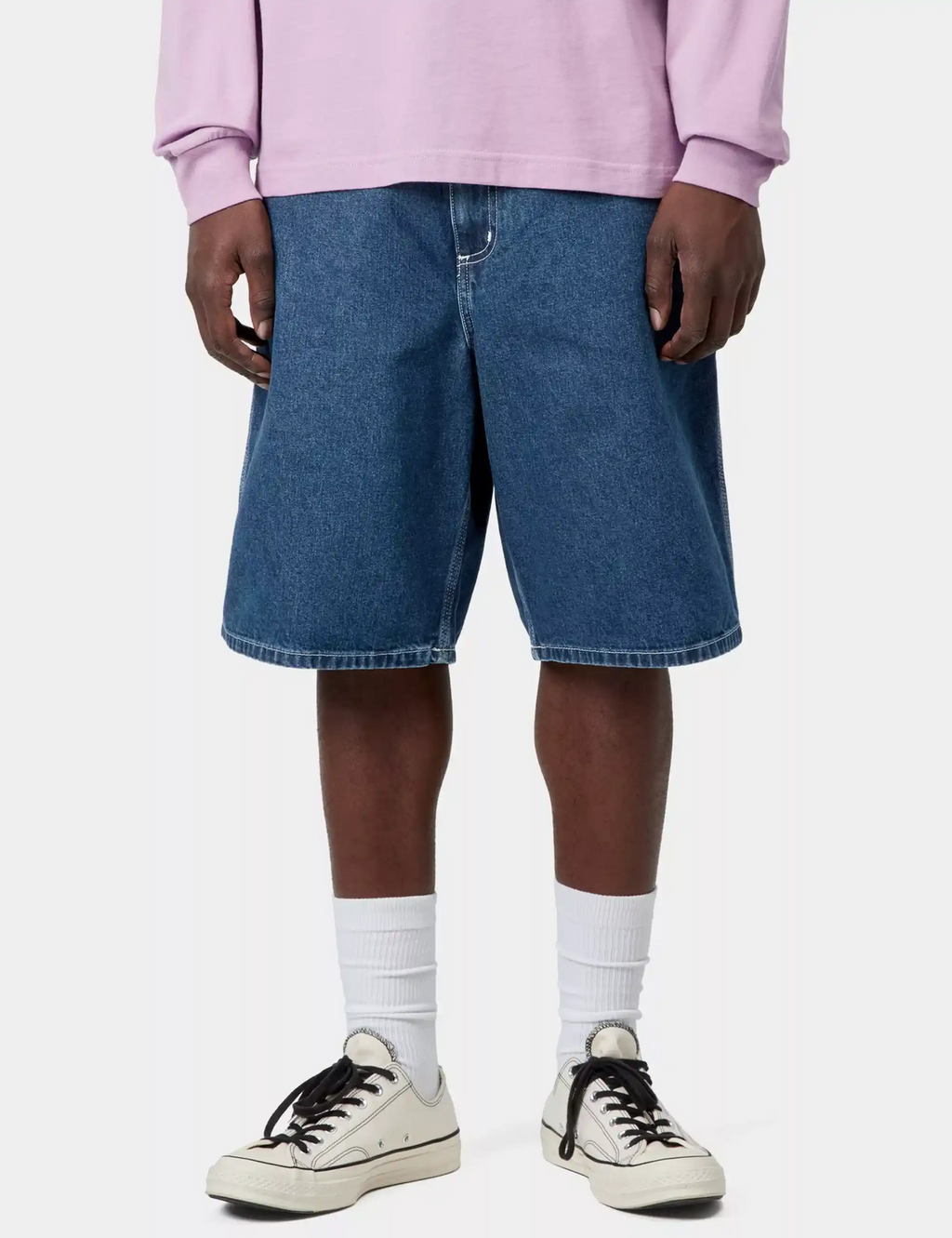 Blue stone-wash denim shorts with straight hem and front button closure