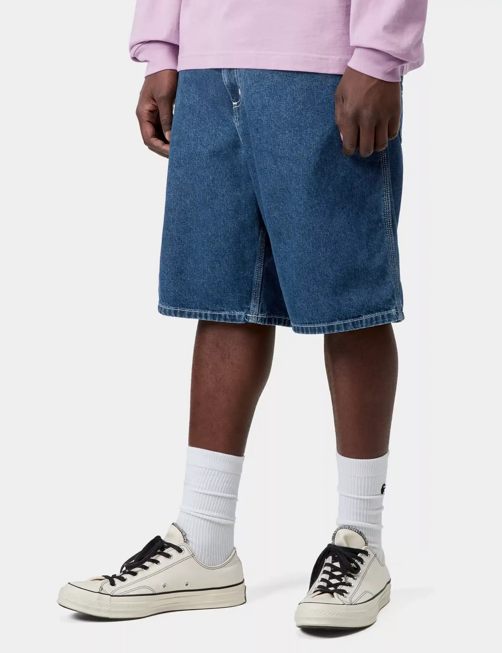 Blue stone-wash denim shorts with mid-length hem and front seam detailing