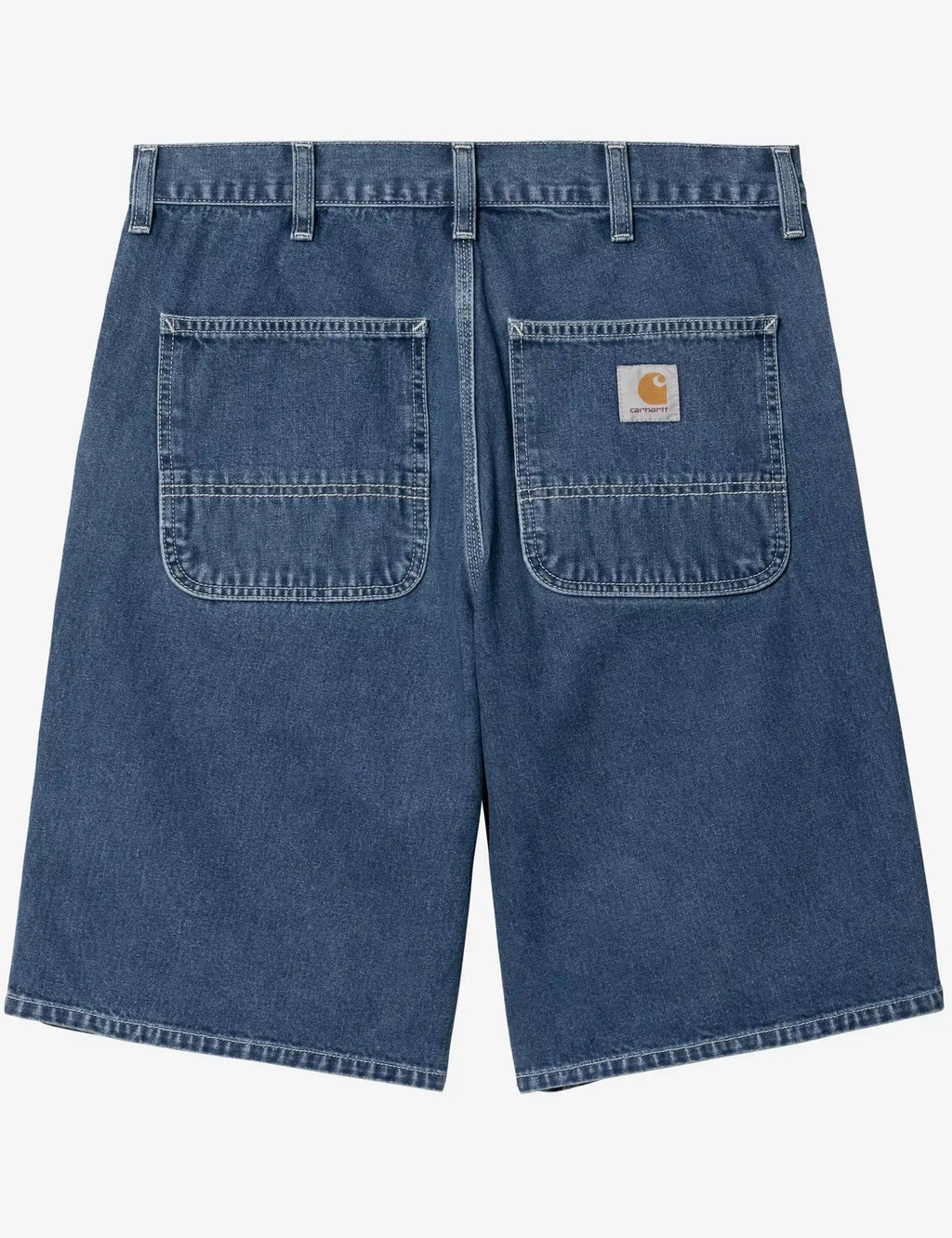 Blue stone-wash denim shorts with two front flap pockets and belt loops