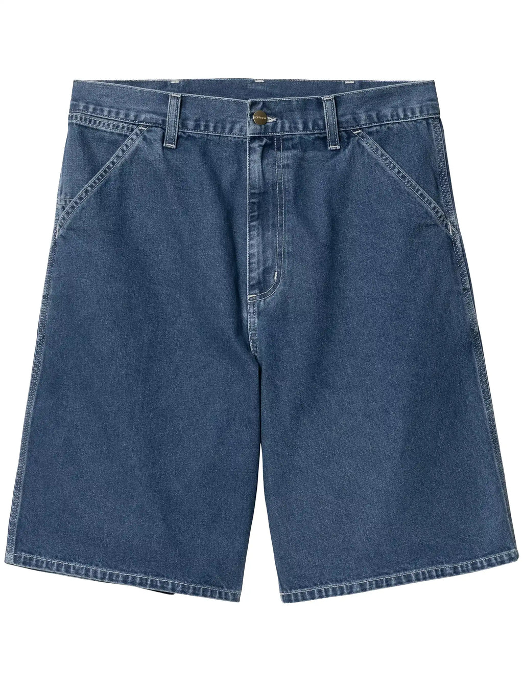 Blue stone-wash denim shorts with belt loops and center front seam
