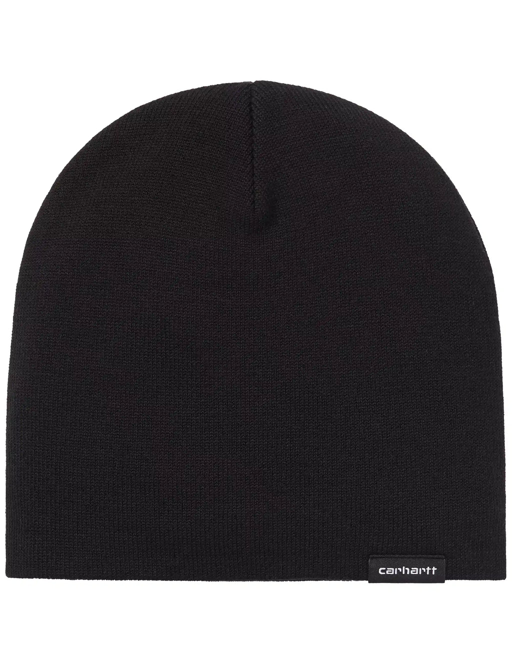 Carhartt WIP black knit beanie with fold-up cuff and small logo label at hem