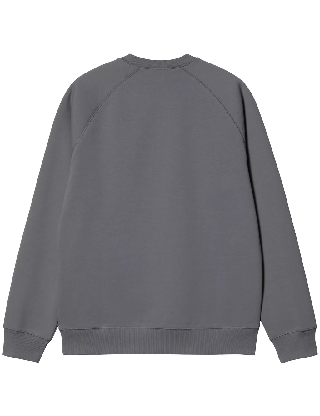 Dark gray crewneck sweatshirt back view with ribbed hem and cuffs