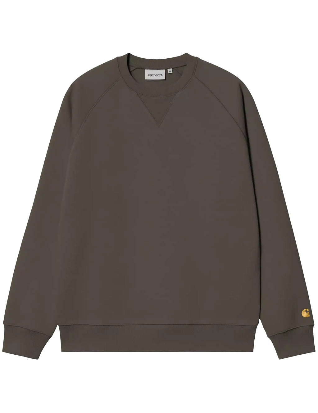 Dark brown crewneck sweatshirt with small gold logo patch on sleeve cuff