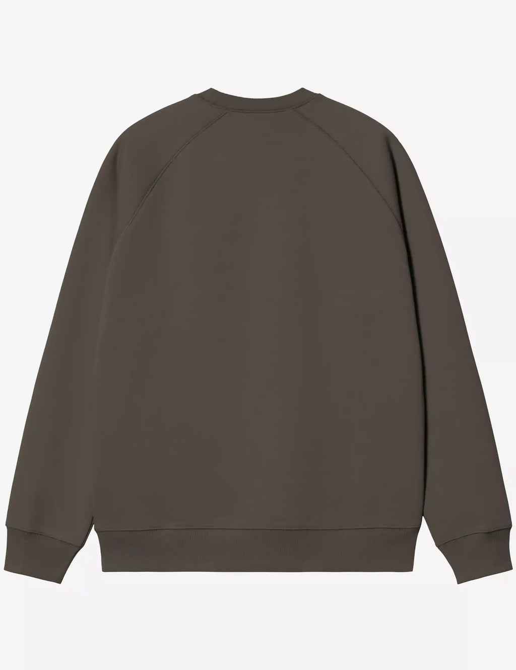 Dark brown crewneck sweatshirt, back view with ribbed cuffs and hem