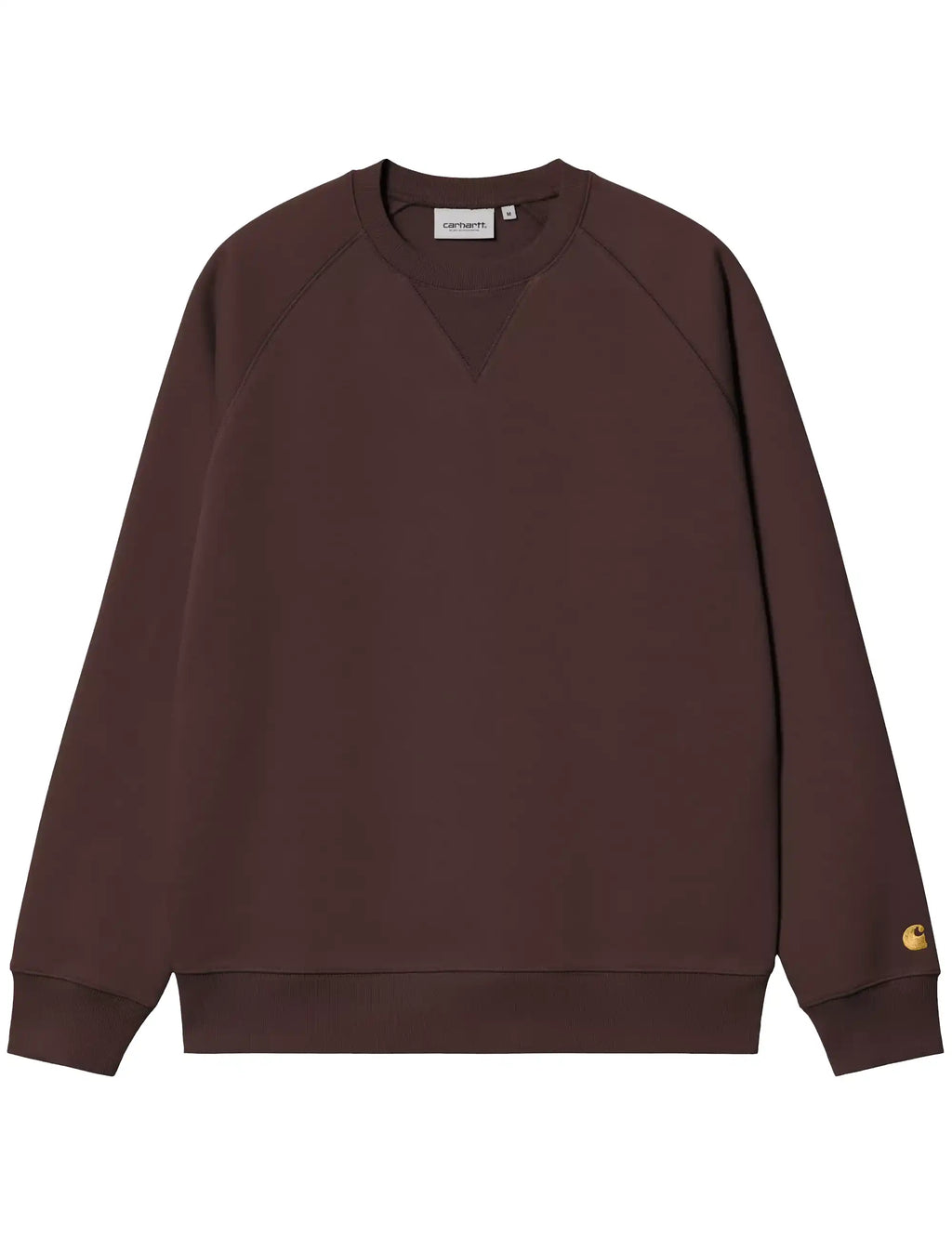 Brown crewneck sweatshirt with gold logo on the sleeve cuff