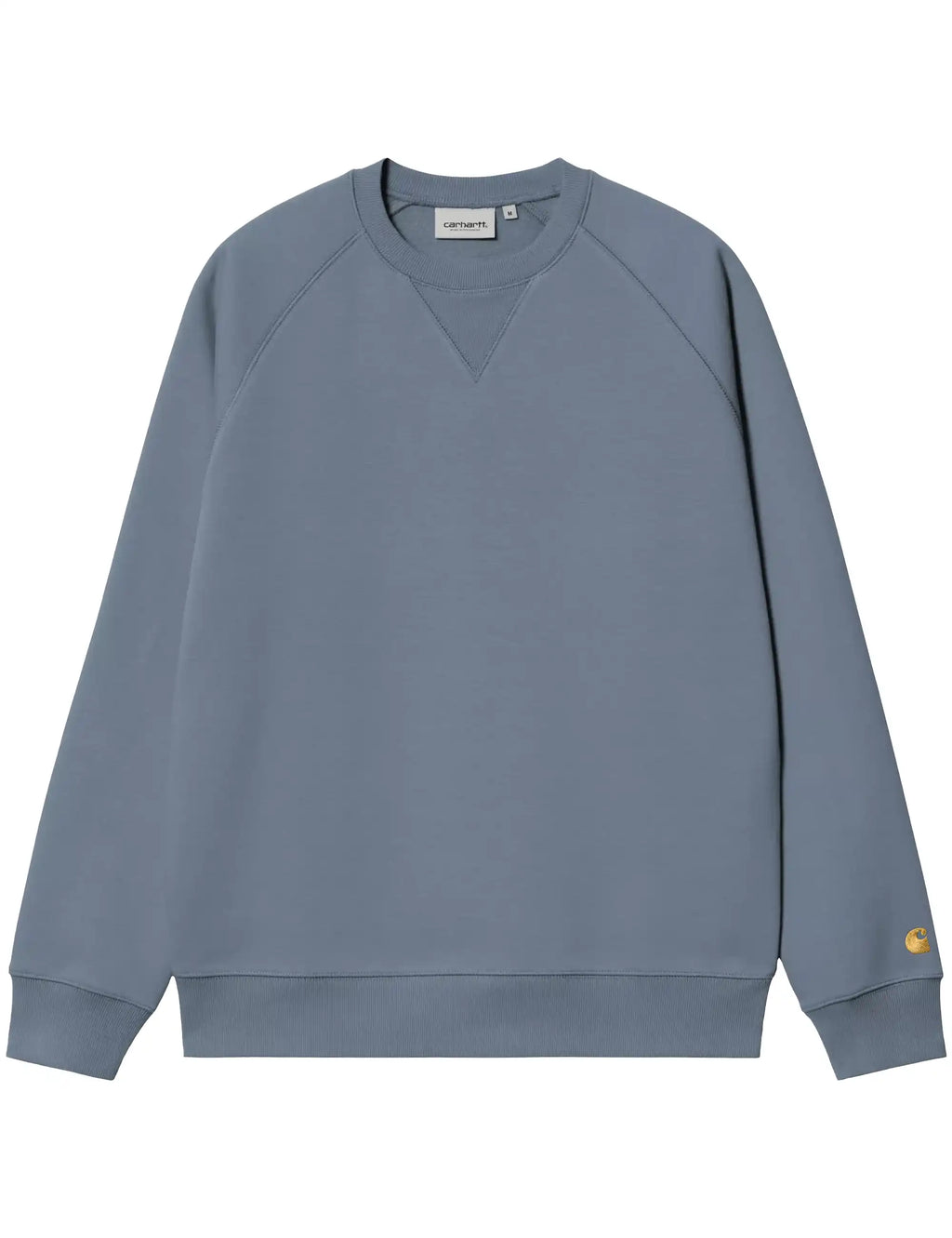 Blue crewneck sweatshirt with small sleeve logo and ribbed cuffs, relaxed fit
