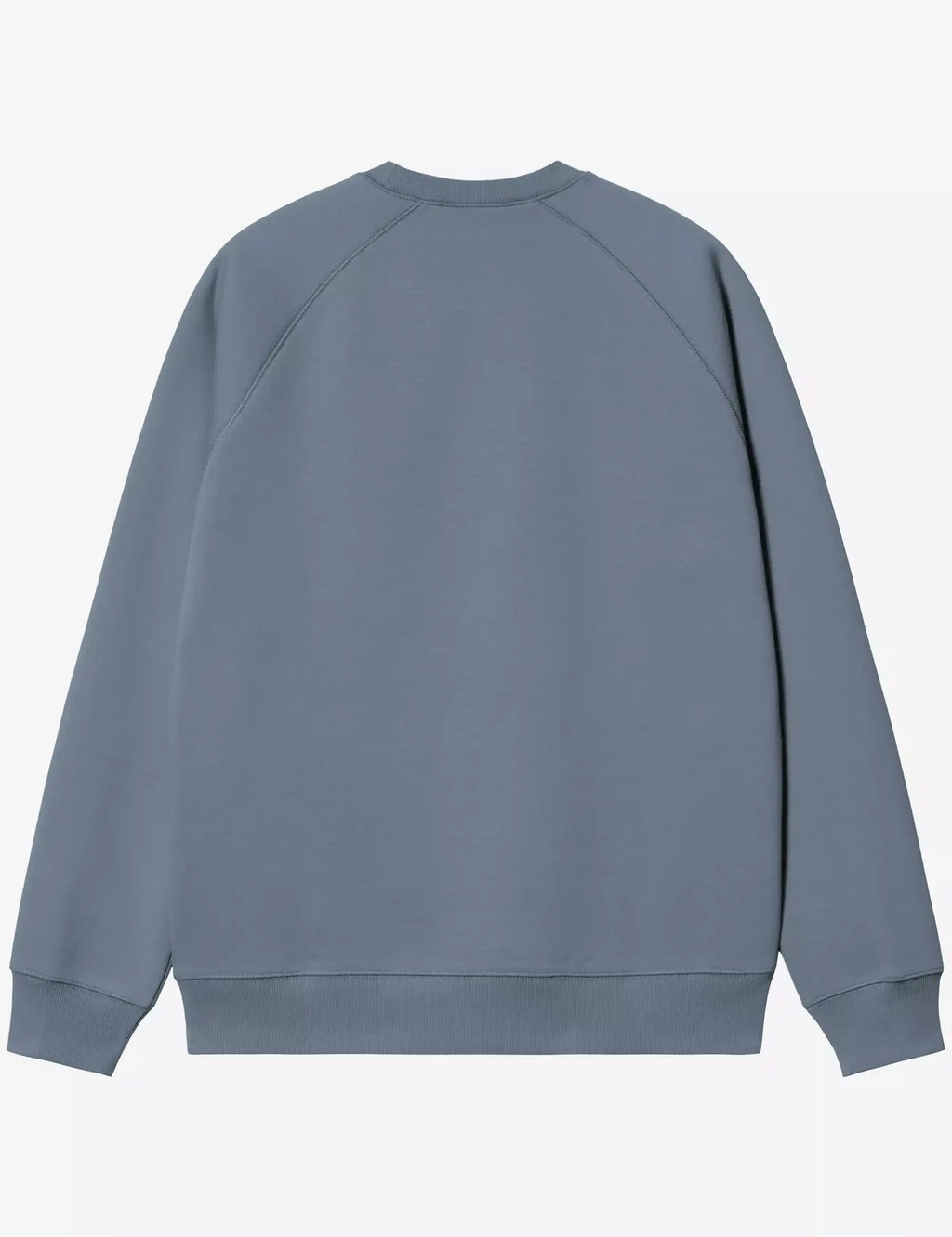 Blue crewneck sweatshirt, back view with ribbed cuffs and hem