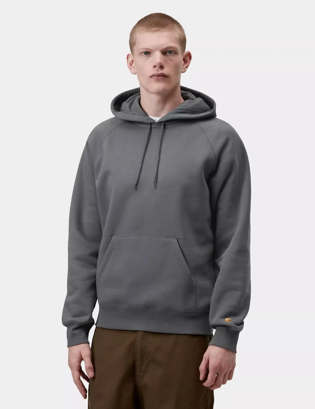 Charcoal gray pullover hoodie sweatshirt with drawstring hood and kangaroo pocket