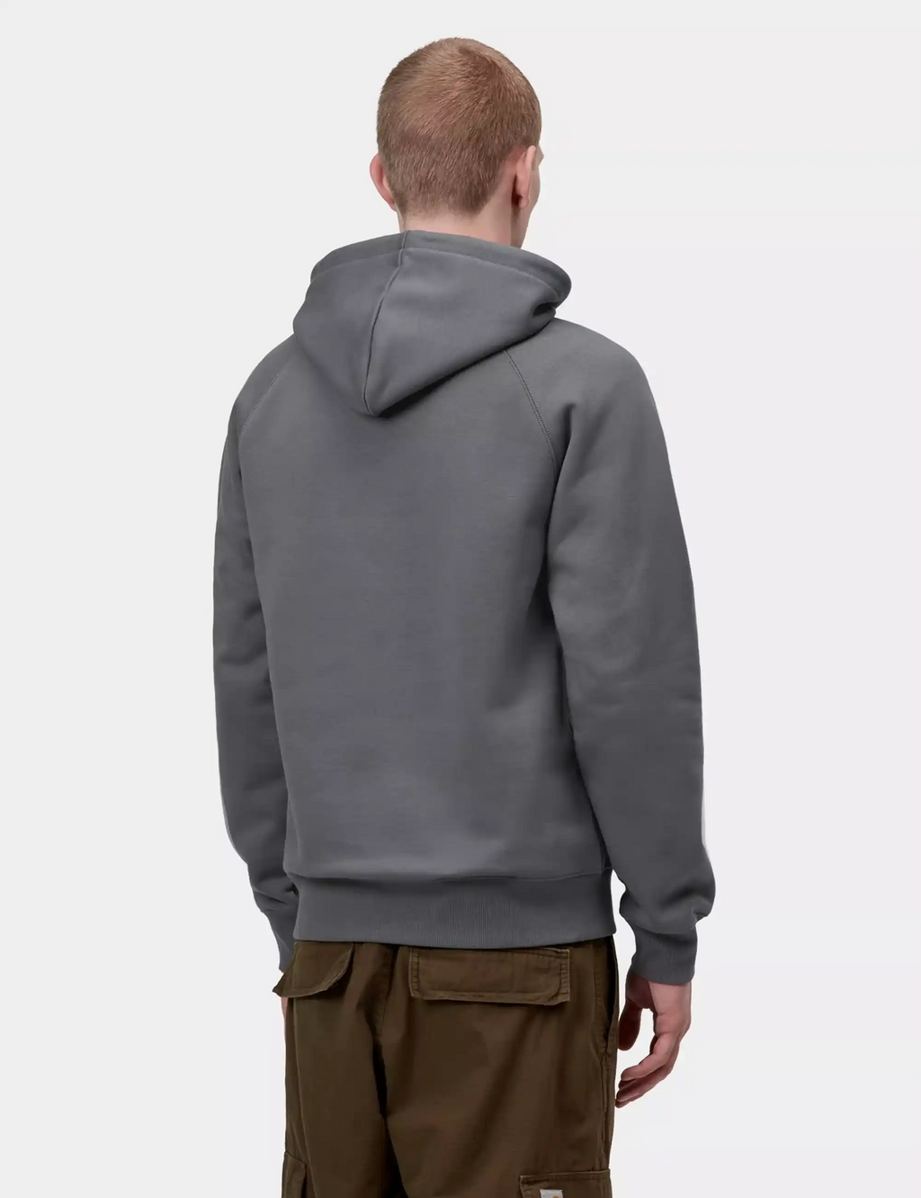 Charcoal gray pullover hoodie sweatshirt, back view with hood and ribbed hem