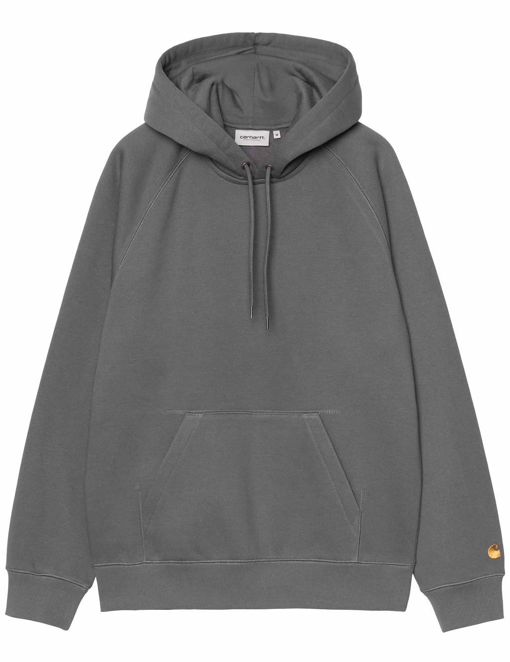 Charcoal gray hoodie sweatshirt front with kangaroo pocket and small gold logo detail
