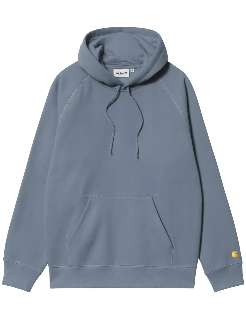 Ice-blue hooded sweatshirt with drawstring and kangaroo pocket, long sleeves.