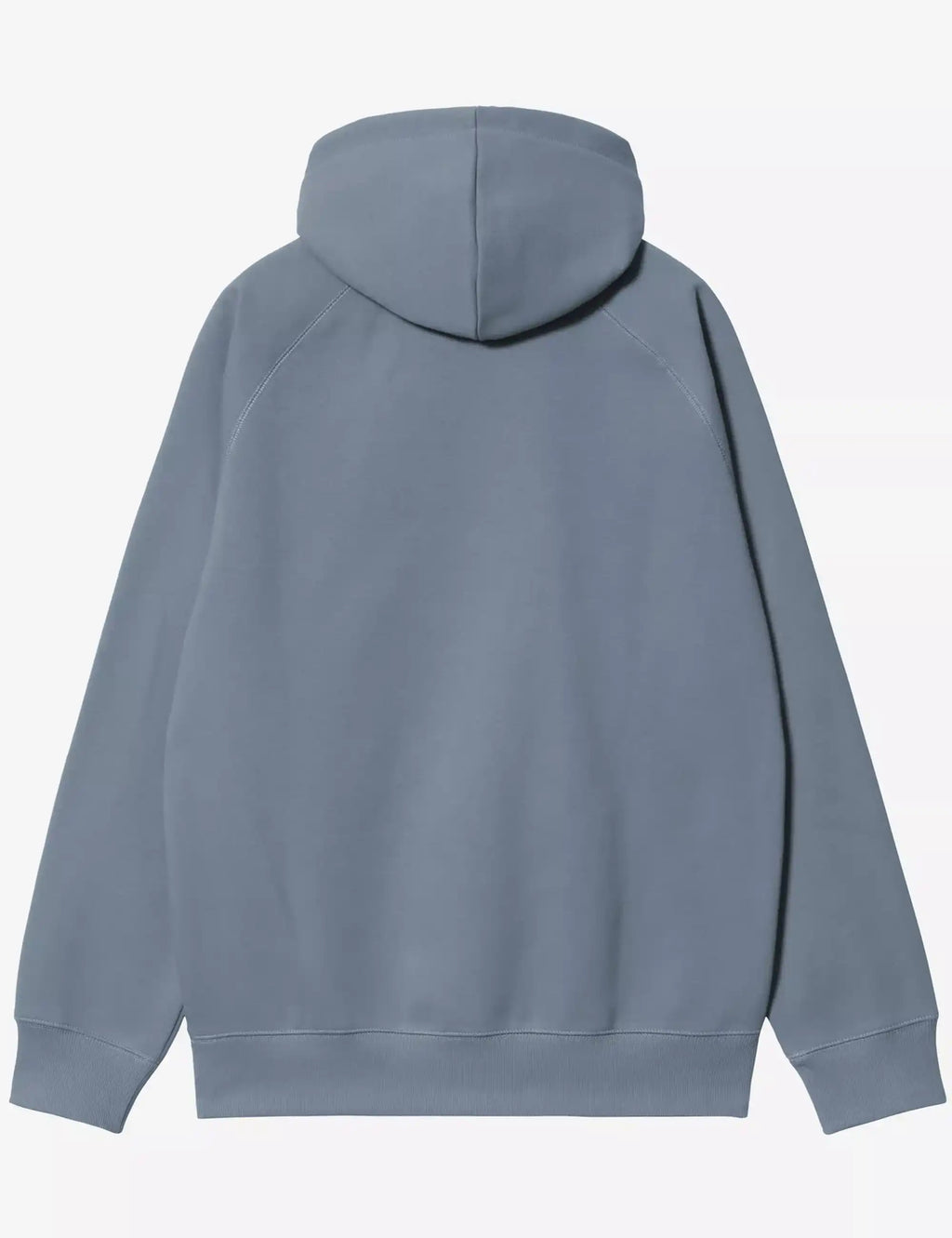 Ice-blue hooded sweatshirt back view with drawstring hood and ribbed cuffs.