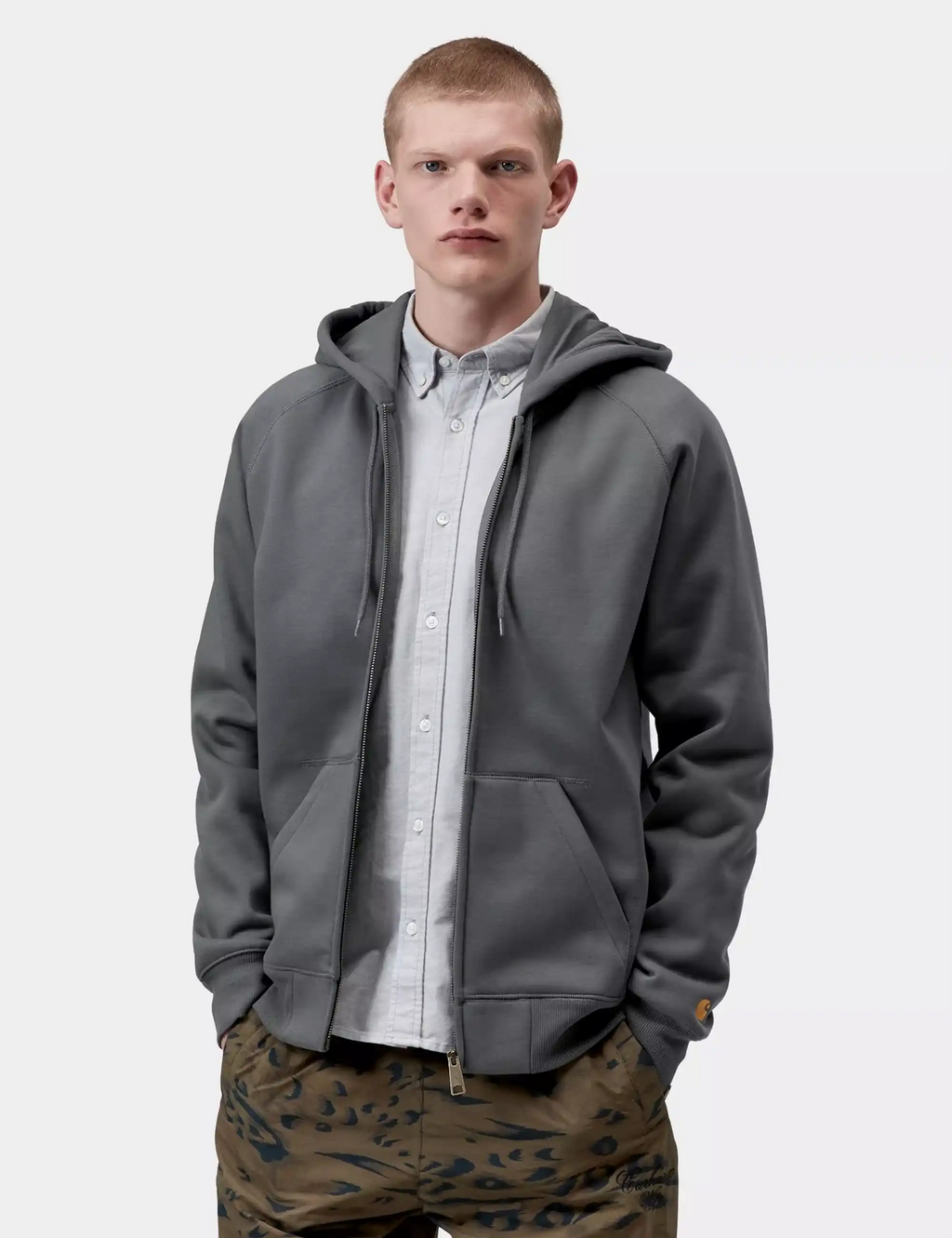 Gray zip-up hooded jacket with drawstring hood and front kangaroo pocket