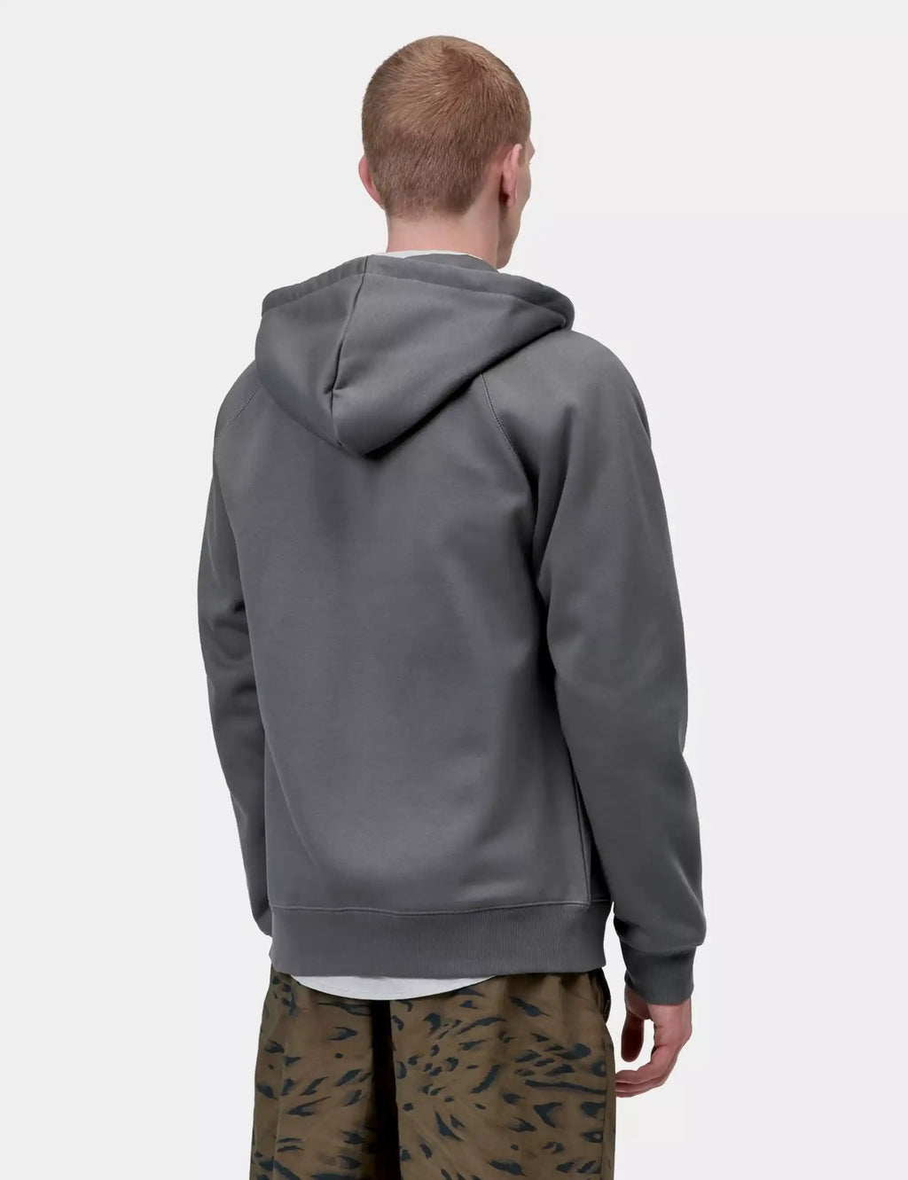 Gray hooded jacket, rear view, full zip with long sleeves and kangaroo pocket