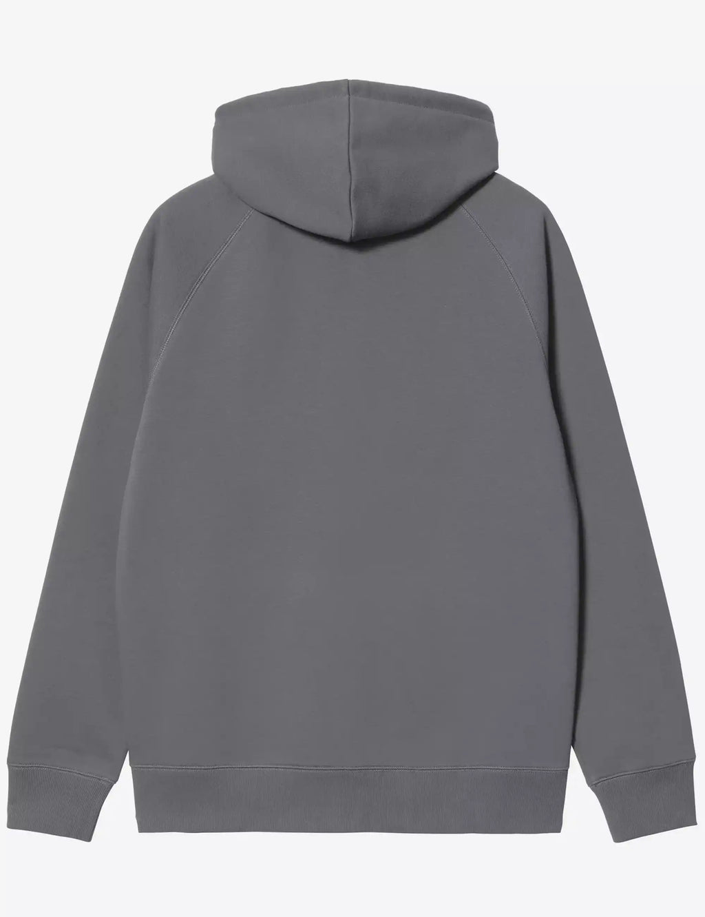 Gray zip-up hooded jacket back view with attached hood